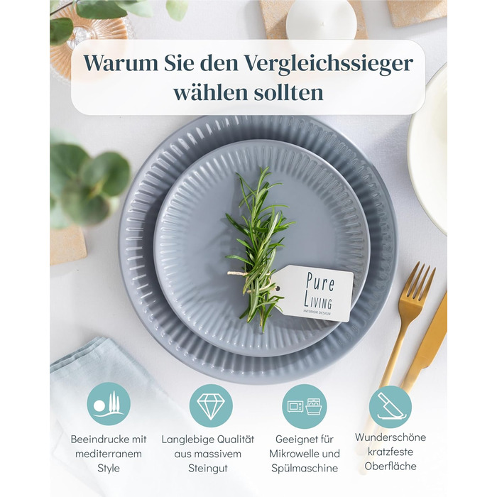 Набір посуду Steingut Hygge 24 шт. для 6 осіб: серія Pure Living, сіро-блакитний колір