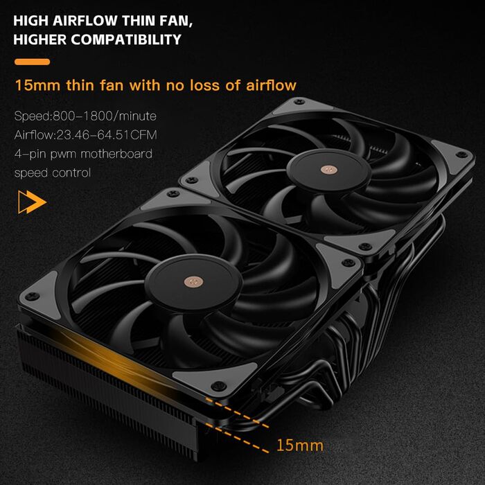 Кулер для CPU TZMRIT KF200 з 2 тепловими трубами, RGB LED, чорний, 9 см, 2200 RPM, для LGA115X/1200/17XX/1366, FM1/FM2/AM2/AM3/AM4/AM5