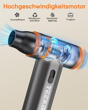 Електричний повітряний дмухач для чищення: 8000mAh, 180000 обертів/хв, турбо-режим, для авто, дивану, дому. Алюмінієвий корпус, сірий.