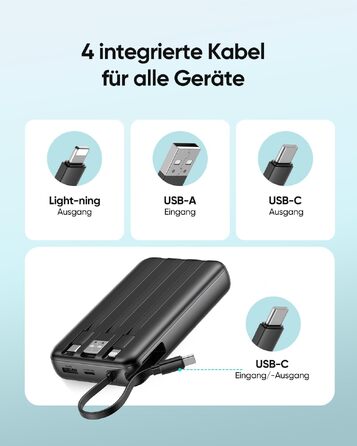 Повербанк ADDTOP 20000mAh з 4 вбудованими кабелями, швидка зарядка 22.5W, компактний зовнішній акумулятор (Чорний)