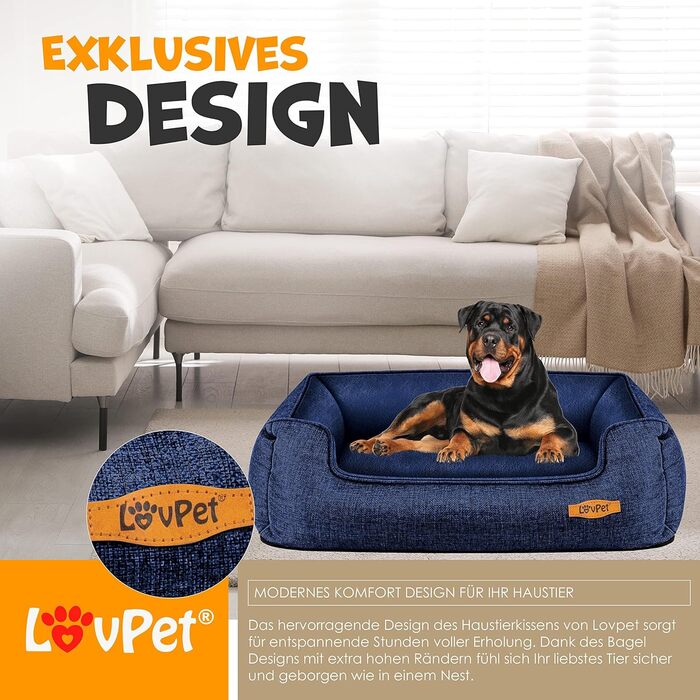 Lovpet® Dog Bed Dog Cushion Dog Basket Chiller, Incl. Bowl + 3X Chew Bones, Dog Sofa Cushion for Small, Medium & Large Dogs, Removable and Washable Cover, L 90 x 75 x 25 cm (M (70 x 55 x 21 cm), Navy Blue)