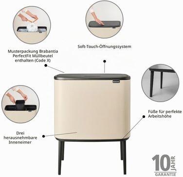 Сміттєвий відер Brabantia Bo Touch Bin на 36 л, металевий, білий, з 3 внутрішніми відрами по 11 л, 54 x 32 x 68 см