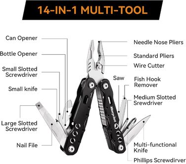 Morpilot Мультитул 25 в 1: багатофункціональний інструмент з нержавіючої сталі, 11 біт для шуруповерта, пліер, відкривачка для пляшок, карабін, з чохлом для кріплення до ременя