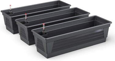 Plastard Milano Flower Box Set of 3, 60 cm long, Anthracite color with water reservoir and water level indicator. Planting box for garden and balcony, weather-resistant for indoor and outdoor use.