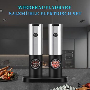 Electric Salt and Pepper Grinder Set, Rechargeable, USB Charging Station, Automatic Pepper and Salt Grinder Spice Grinder Refillable, One-Hand Operation, Adjustable Coarseness, LED Light