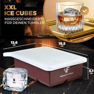 Neighbour's Friend Ice Cube Molds 2-Pack - XXL Ice Cubes for Whiskey, Rum & Cocktails - 12x Large Ice Cubes - Durable Platinum Silicone Ice Cube Mold Dishwasher Safe