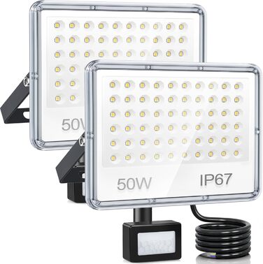 LED Floodlights with Motion Sensor Outdoor 50W 2 Pack, 5000LM LED Spotlights with Motion Sensor, 7000K Cool White Outdoor Floodlights, IP67 Waterproof Floodlights for Warehouse, Garden, Garage