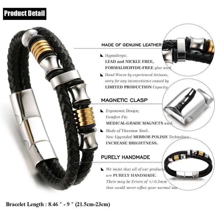 Дитячий браслет Halukakah для хлопчиків: шкіряний, з магнітним застібком, золотисто-срібне покриття, 18-19.5 см, з подарунковою коробкою (6-12 років)