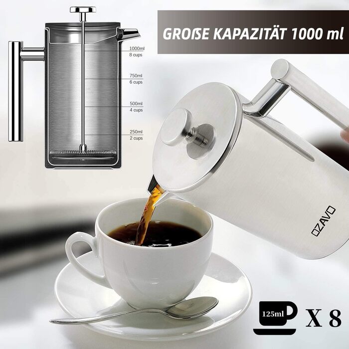 1L Coffee Maker French Press Stainless Steel Thermo with 5 Stainless Steel Filters Double-Walled Insulated System with Two-Layer Construction 1000ML