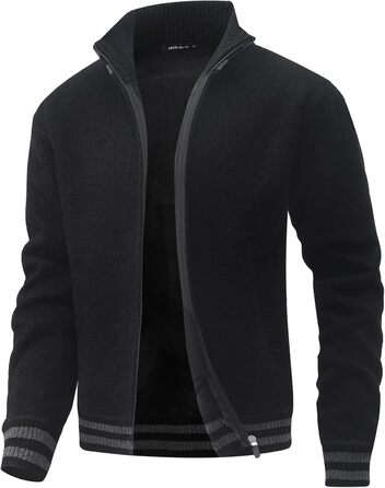 Чоловіча в'язана жилетка з кишенями, стійким коміром, флісовою підкладкою, кардиган, повсякденний зимовий одяг, в'язана куртка з блискавкою, теплий зимовий верхній одяг, чорний, L