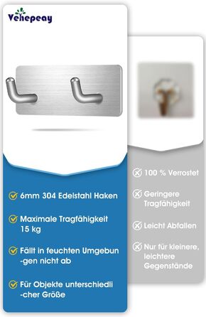 Набір гачків для рушників без свердління, 10 шт., самоклеючі гачки з нержавіючої сталі 304, надміцні клейкі гачки для великих предметів, гачки для стін без свердління для ванної, туалету та кухні, стійкі до корозії, гачки для рушників (подвійні *6)