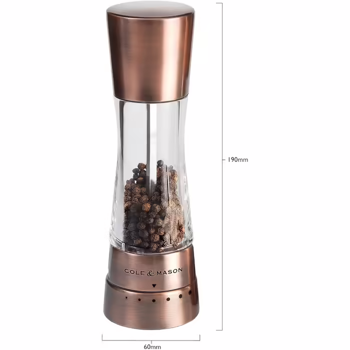 Cole & Mason Derwent Copper Salt and Pepper Grinder, Spice Grinder, 2-Piece Set, Manual with Adjustable Ceramic Grinder, Stainless Steel/Acrylic, 190mm, Precision+, Gift Set