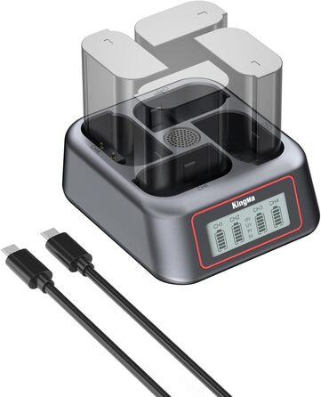 Зарядний пристрій King Ma для акумуляторів камер, 4-канальний, 45W PD, LED-дисплей, сумісний з Sony A7III/A7IV/A7RIII/A7RV/A7C/A7CII/A6700/A9/A9III/A1/ZV-E1/FX3/FX30 (DMW-BLK22)
