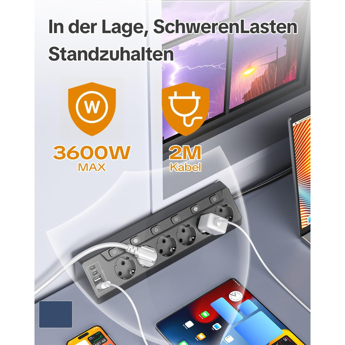 Мережевий фільтр 5-портовий з USB та LED, чорний. Розподільник розеток на стіл, для дому, кухні. Можливість настінного монтажу.