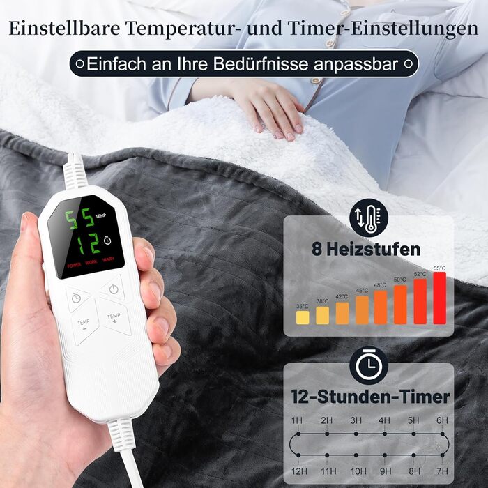 Електрична ковдра Netraty з автовимкненням 130x180 см, 8 режимів нагріву, таймер 1-12 годин, захист від перегріву, пральна машина, фланель-шерпа, сіра для дому та офісу