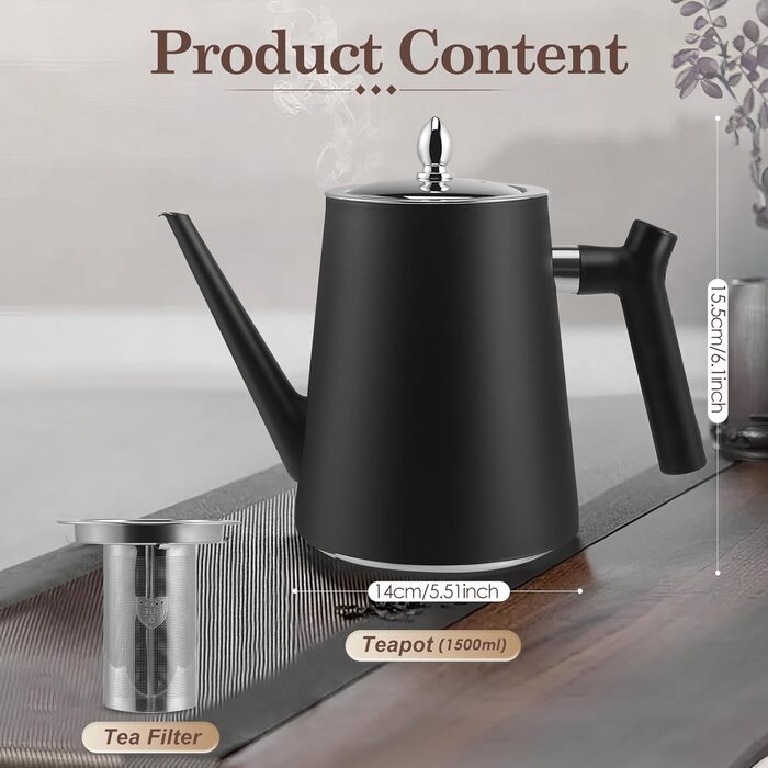 Чайник нержавіюча сталь 1.5л з ситечком, чорний, з термостійкою ручкою для трав'яного чаю та настоянок, двостінний, ізольований, для чаю та кави