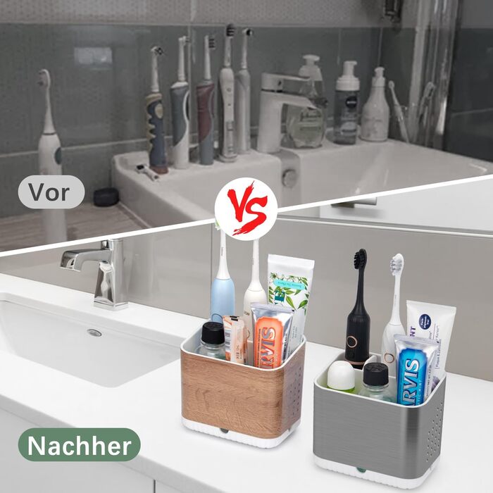 Тримач для зубних щіток електричних з отворами для стоку, дерев'яниста текстура, органайзер для зубних щіток на 4 слоти, легкий у чищенні, для ванної кімнати, коричневий малюнок деревини, середній