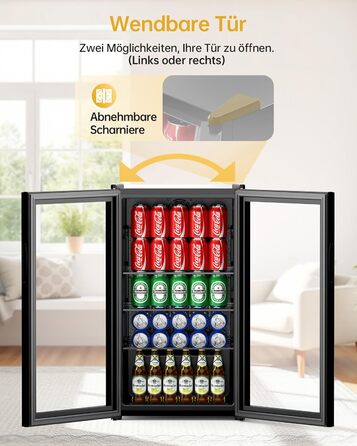 Міні-холодильник для напоїв WIE з подвійними скляними дверцятами, регульованими полицями, 86 літрів, 120 банок, для соди/пива, для дому/кухні/бару/офісу