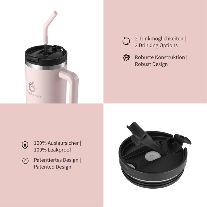 Термокружка Hydro2Go з трубочкою – BPA-free, придатна для миття в посудомийній машині, 10 годин гаряче/12 годин холодне, термокружка To-Go (1200 мл, Рожевий)