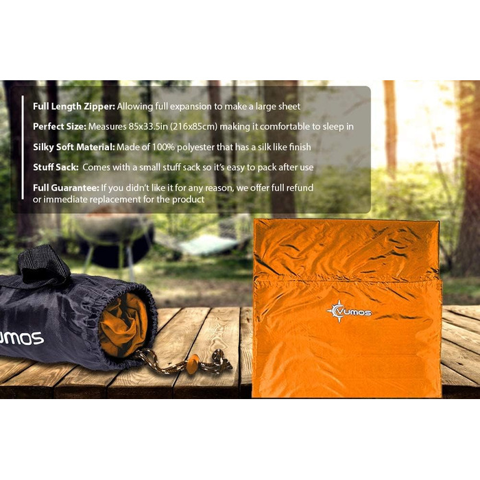 Vumos Sleeping Bag Liner and Camping Sheet - Silk-Like Material for Travel, Featuring a Full-Length Zipper