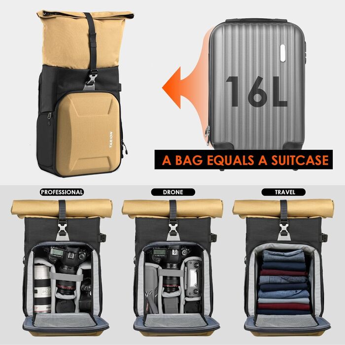 Рюкзак для камери TARION Rolltop: професійний фоторюкзак з жорсткою оболонкою, відділенням для 16-дюймового ноутбука, сумісний з DSLR/SLR камерами, об'єктивами та штативом, колір золотий