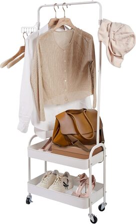 Metal Clothes Rack with 2 Shelves and Clothes Rail on Wheels - Wardrobe Stand for Bedroom, Living Room, Hallway, Home, and Office - White
