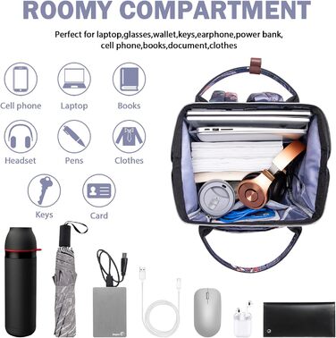 Рюкзак для ноутбука Vankean для жінок, 15.6-16.2 дюйми, з USB-портом, водонепроникний, для роботи/школи/подорожей, квітковий дизайн, темно-синій/червоний