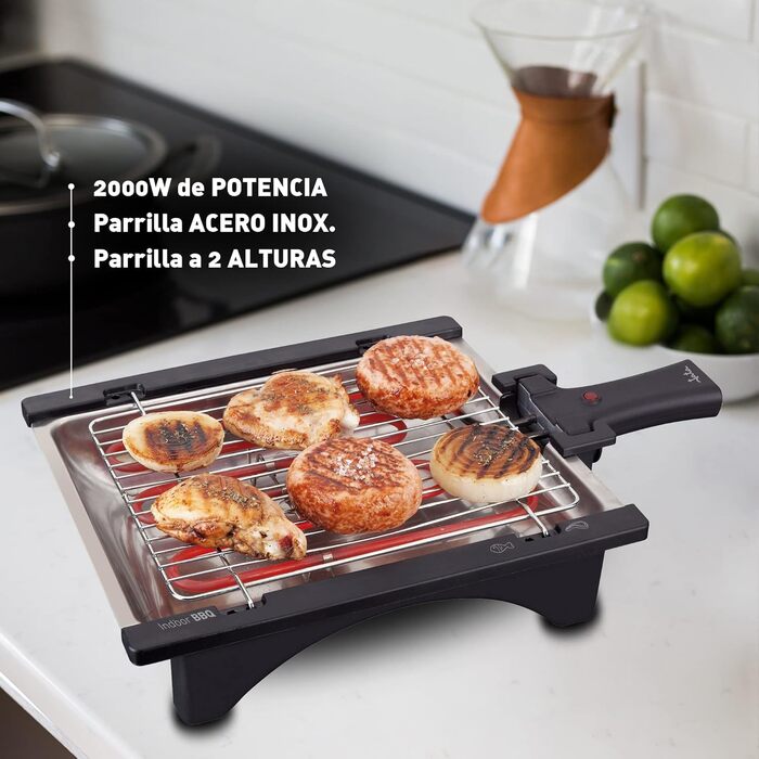 BQ95 Electric Grill, perfect for two people, smoke-free, odor-free, detachable grill with 2 height levels, stainless steel tray, healthy cooking with water [Energy efficiency class A]