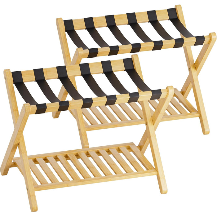 SMIBUY Luggage Rack, 2-Pack, Folding Bamboo Suitcase Stand with Shelf for Guest Room, Bedroom, Hotel, Heavy-Duty (Natural Colors)