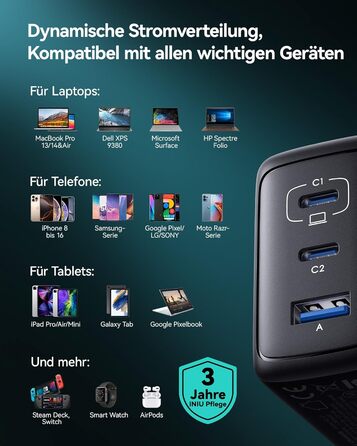 Зарядний пристрій INIU 65W USB-C/USB-A GaN, швидка зарядка для MacBook, iPad, iPhone, Samsung Galaxy, Pixel - Чорний