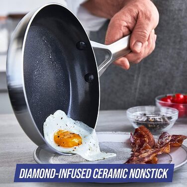 Сковорідки Blue Diamond Triple Steel, діамантове керамічне антипригарне покриття, набір 2 шт. (24 см і 28 см), тришарові, з нержавіючої сталі, PFAS-free, для індукції, посудомийки та духовки, сріблясті