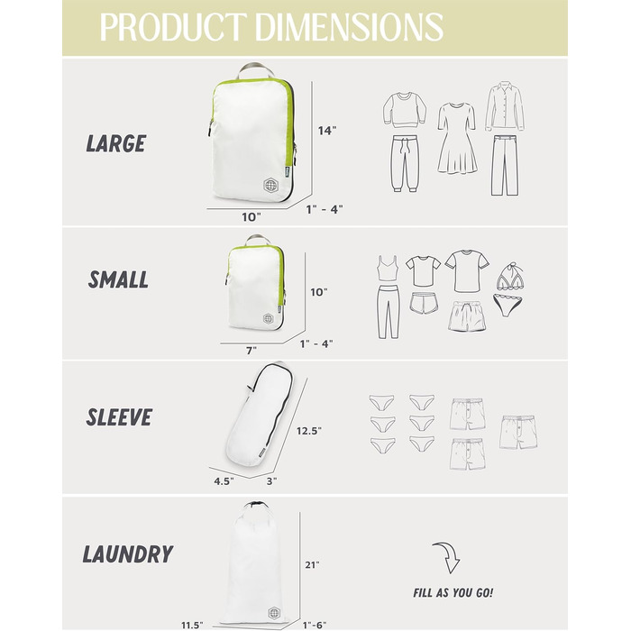 Набір кубиків для пакування TRIPPED Travel Gear: 6 шт. для подорожей, білий та зелений