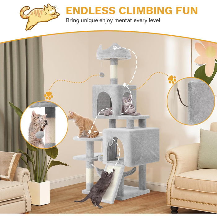 Кігтеточка YITAHOME XL, 137 см, з 2 сизалевими стовпчиками, 1 платформою, 2 хованками, гамаком, плюшевими кульками, дощечкою для заточування кігтів, котячий комплекс, сірий 45 x 45 x 137 см