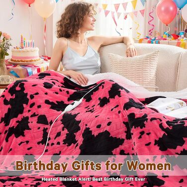 Електрична грілка з принтом корів, подвійний розмір 157x213 см, фіолетовий колір, 10 режимів нагріву, автоматичне вимкнення через 8 годин, флісова/шерпа, для жінок, подарунок