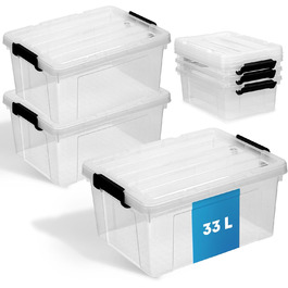 3-Piece Storage Boxes with Lid | BPA Free | With or Without Carrying Handle | Storage Containers with Reinforced Bottom Structure (33L, Without Carrying Handle - Transparent)