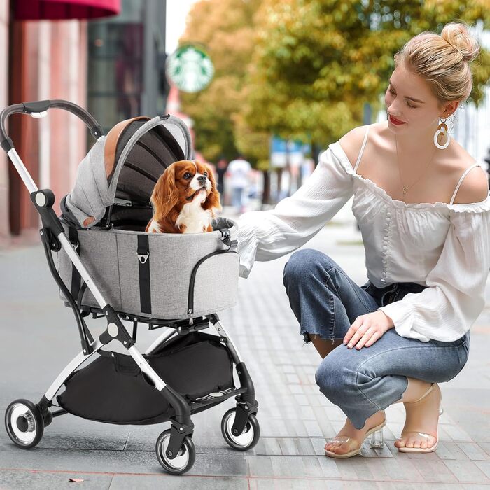 Візок для собак 3 в 1, візок для котів до 15 кг, сірий. Складаний візок для собак та котів з сумкою-переноскою, для маленьких та середніх тварин. З дощовим покриттям