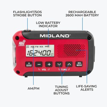 Радіо Midland ER10VP: NOAA, Клуб, Погода, AM/FM, SOS-ліхтарик