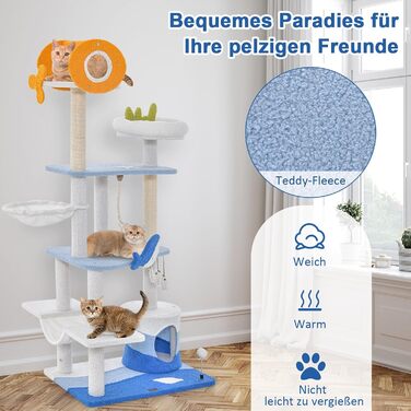 Котячий будиночок COSTWAY Ocean: когтеточка, лежанка, гамак, іграшки (блакитний, 165 см)