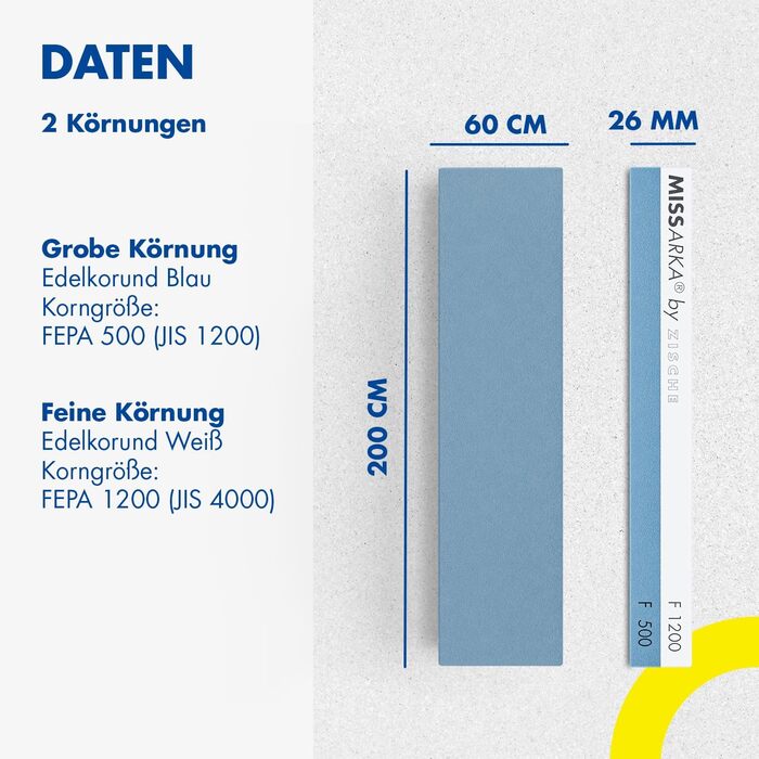 Точило для ножів Zische Missarka Blue - професійне з каменю з корунду, 200x60x25 мм, 2 зернистості FEPA 500/1200