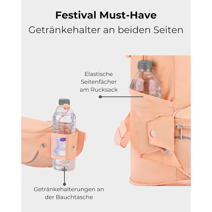 Джонні Ербан Баухташе Дамен & Herren Peach - Jimmy - 2в1 Поясна Сумка з Рюкзаком - Складаний Рюкзак для Фестивалю - Мультифункціональна та Водовідштовхувальна