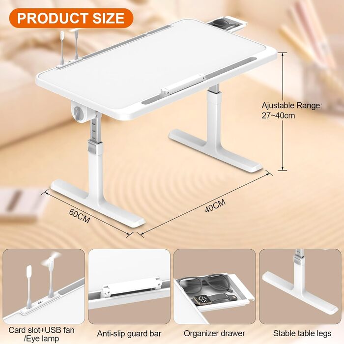Стіл для ноутбука в ліжко Huracan, регульований, портативний, 60x40 см, чорний