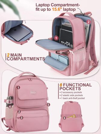 Шкільний рюкзак FIORETTO для дівчаток-підлітків, рюкзак для жінок з відділом для ноутбука 15,6', водонепроникний, легкий, 25L, для школи та подорожей, рожевий
