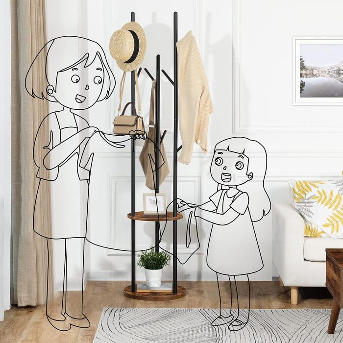HOOBRO Coat Rack, Freestanding Clothes Rack, Tree-Shaped Wardrobe with 8 Hooks, 2 Round Shelves, for Clothing, Hat, Bag, Living Room, Bedroom, Office Dark Brown-Black EBF33YM01G1