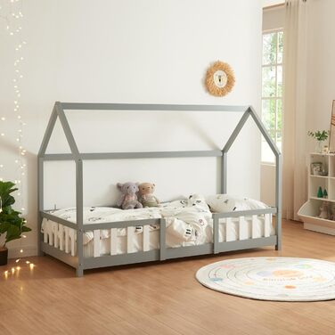 en.casa Kinderbett Sisimiut House Bed 90 x 200 cm with Fall Protection Wooden Bed for Children Floor Bed Slatted Frame Pine Wood Light Grey/White Light Grey / White 90x200 cm