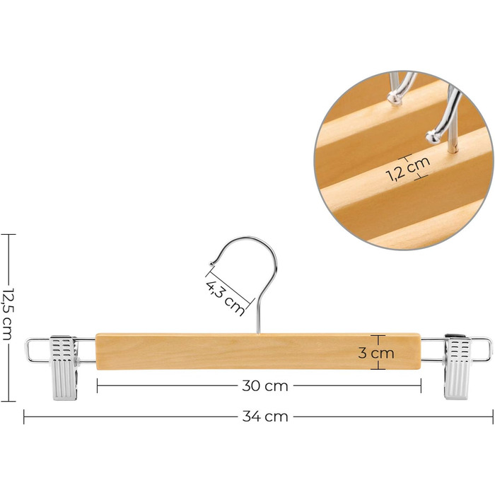 Набір вішалок для штанів SONGMICS 16 шт. з дерева, з регульованими кліпсами, протиковзні, для штанів, шортів та спідниць, натуральний колір