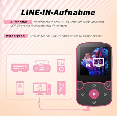 MP3 плеєр AGPTEK Bluetooth 5.0 32GB з кліпсою, кольоровий TFT екран 1.5