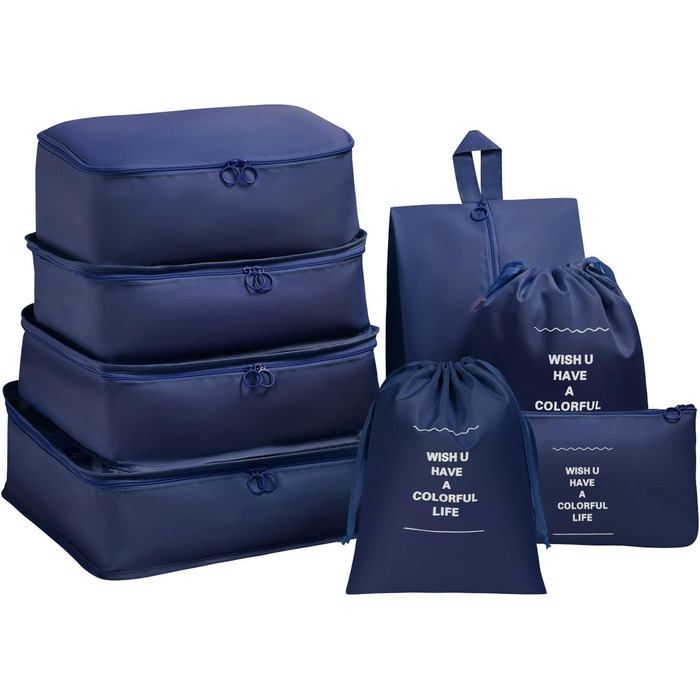 Органайзер для валізи OSDUE, набір 8 шт: кубики для пакування, водонепроникні сумки для одягу, органайзери для подорожей, косметичка, мішечок для взуття, кишеня для USB-кабелів (Бежевий) (Тип B-8шт Синій)