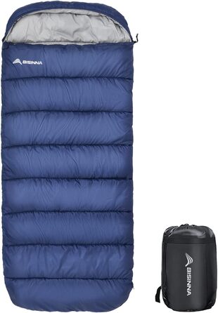 Сплячий мішок BISINNA XXL (230 x 100 см) для великих людей, 3-4 сезони, водонепроникний, легкий, для кемпінгу, подорожей, піших прогулянок, дому та відпочинку на природі, Marineblau, 1.5 кг, двостороння блискавка, 3 сезони