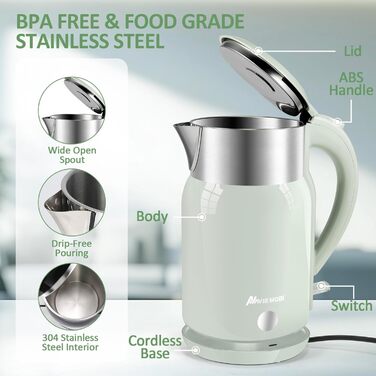 Navie Mobi Stainless Steel Electric Kettle - 1.8L, 2200W Fast Boiling, BPA-Free, Double-Walled, Drip-Free, Auto Shut-Off, Quiet & Cordless, SGS Certified, Turquoise Green