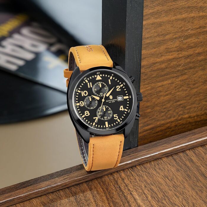 Чоловічий годинник SAPPHERO: кварцовий, аналоговий, з шкіряним ремінцем. Класичний бізнес-годинник, водостійкий (50 м), з арабськими цифрами, хронограф, чорний колір. Модель 2215